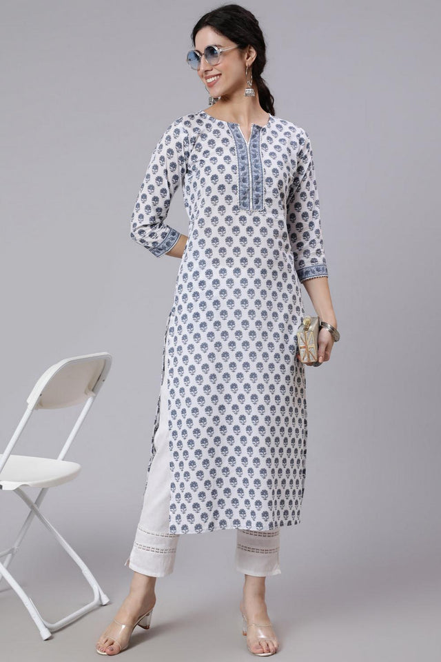 Off White Floral Printed Cotton Kurti (AM-BER3491)