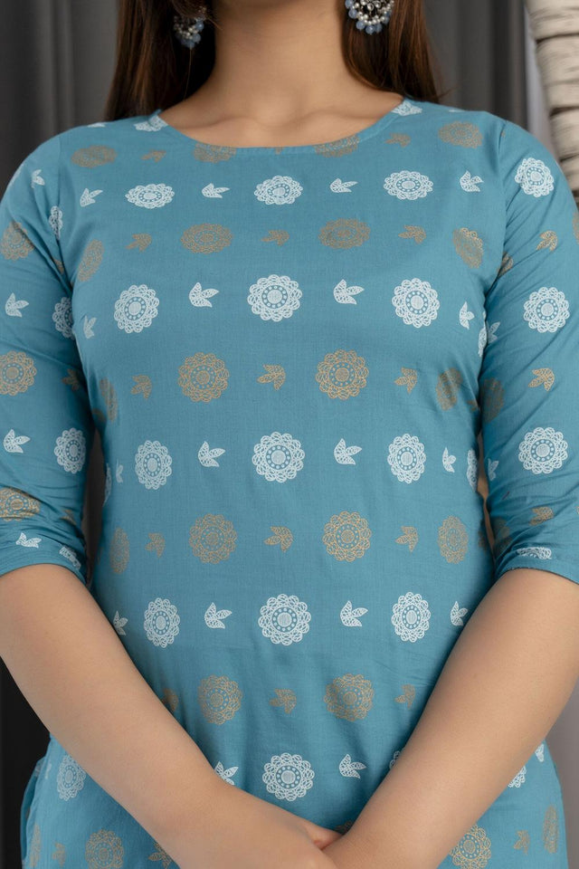 Blue Floral Printed Rayon Kurti (AM-BER3554)