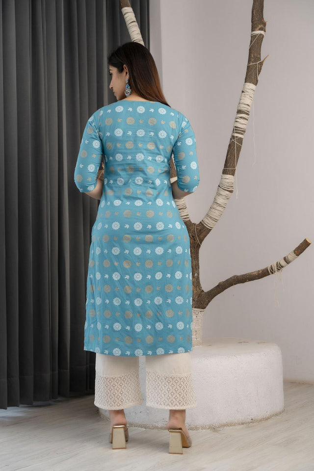 Blue Floral Printed Rayon Kurti (AM-BER3554)