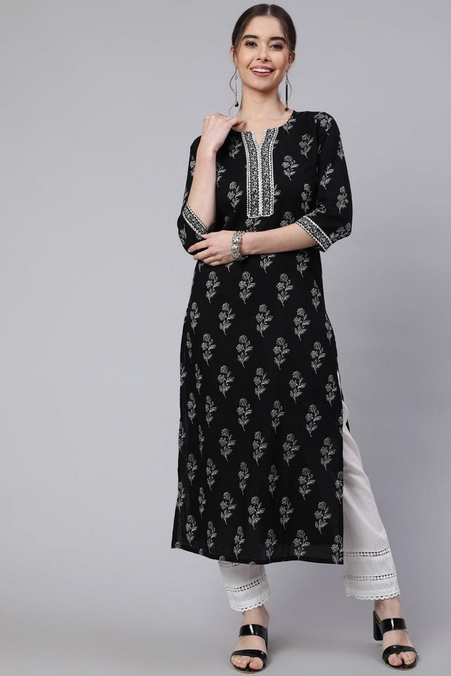 Black Floral Printed Cotton Kurti (AM-BER3618)