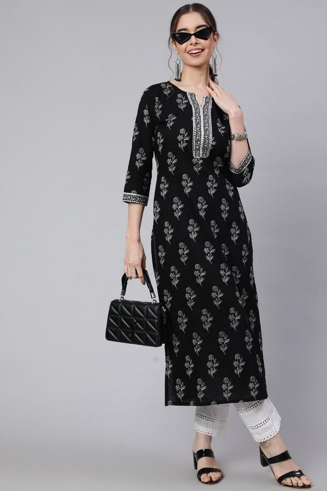 Black Floral Printed Cotton Kurti (AM-BER3618)