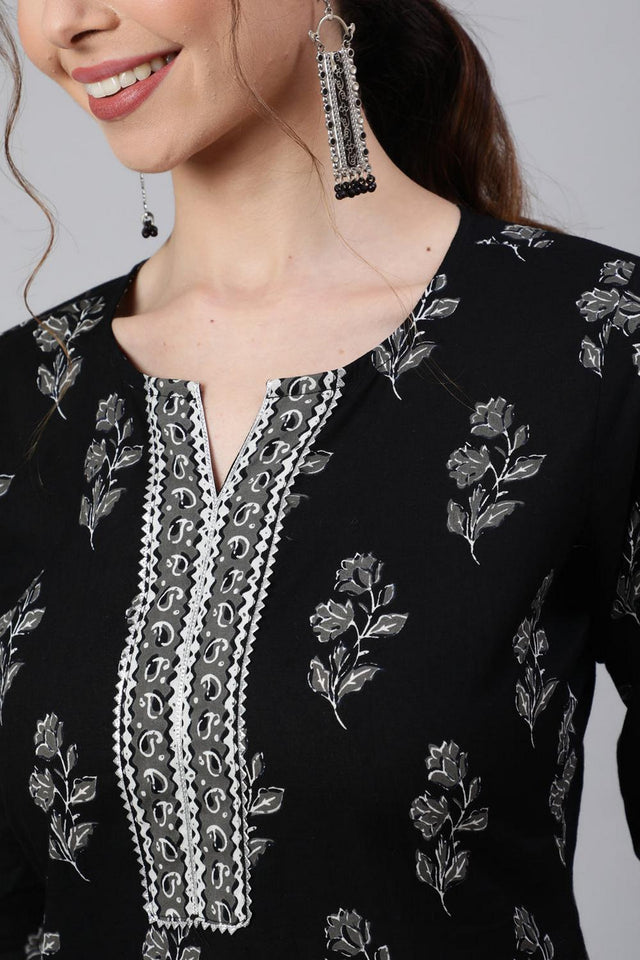 Black Floral Printed Cotton Kurti (AM-BER3618)