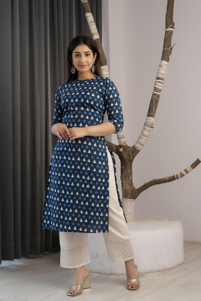 Blue Printed Cotton Kurti (AM-BER3624)