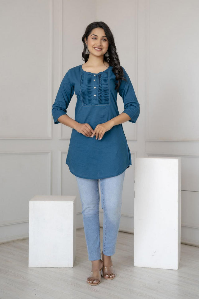 Turquoise Solid Cotton Tunic (AM-BER3680)