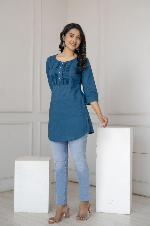 Turquoise Solid Cotton Tunic (AM-BER3680)