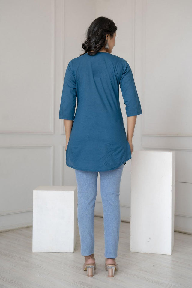 Turquoise Solid Cotton Tunic (AM-BER3680)