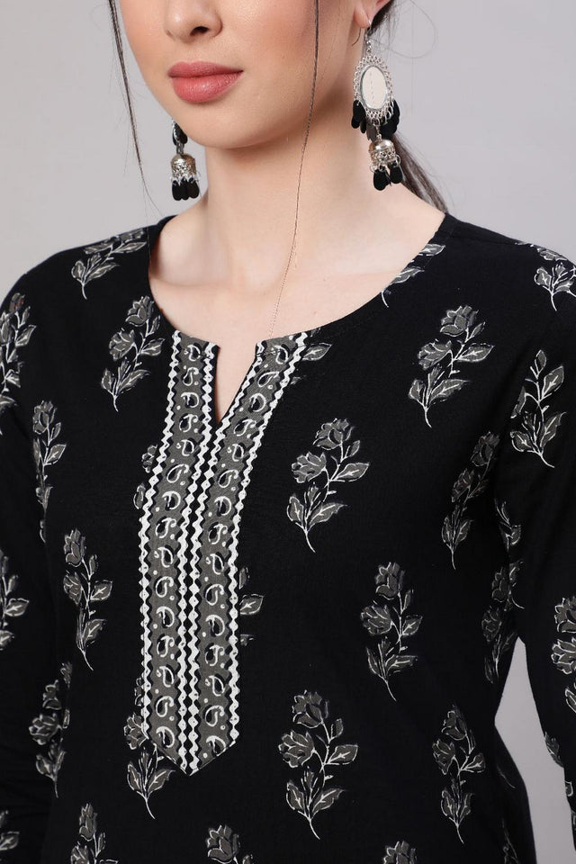 Black Floral Printed Cotton Tunic (AM-BER3736)