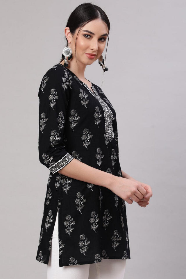 Black Floral Printed Cotton Tunic (AM-BER3736)