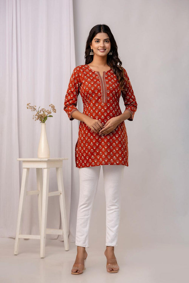Rust Floral Printed Cotton Tunic (AM-BER3817)