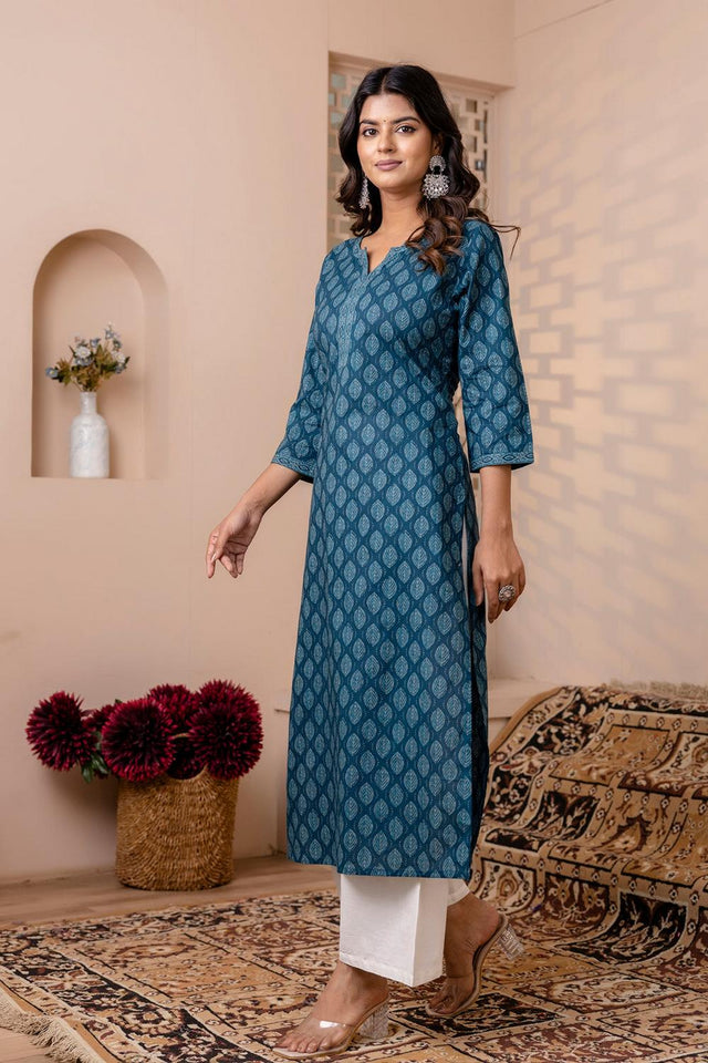 Turquoise Printed Cotton Kurti (AM-BER3818)