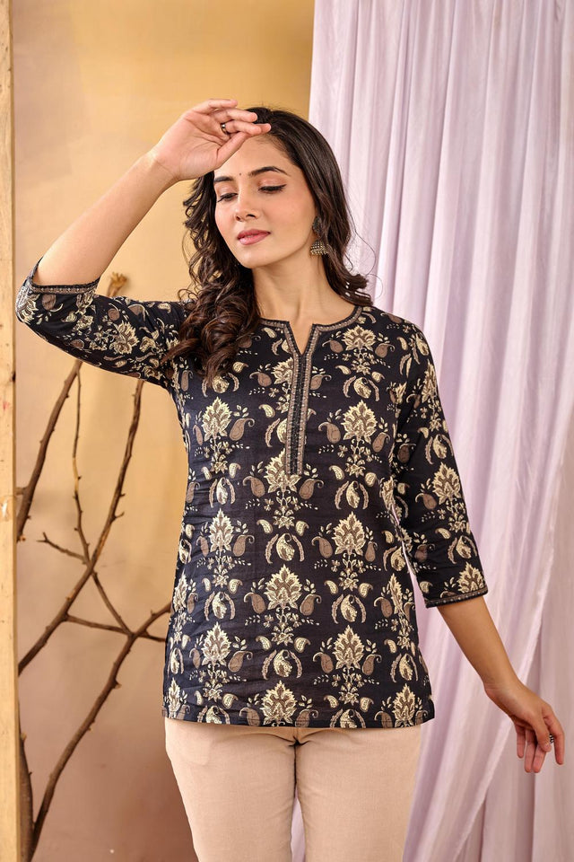 Black Floral Printed Cotton Tunic (AM-BER3821)
