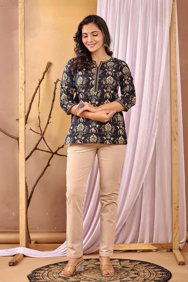 Black Floral Printed Cotton Tunic (AM-BER3821)