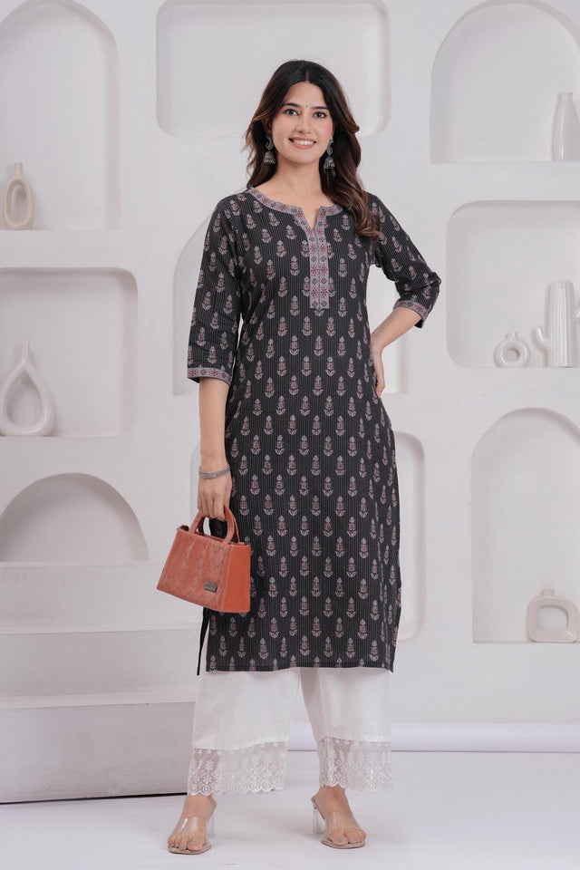 Black Floral Printed Cotton Kurti (AM-BER3824)