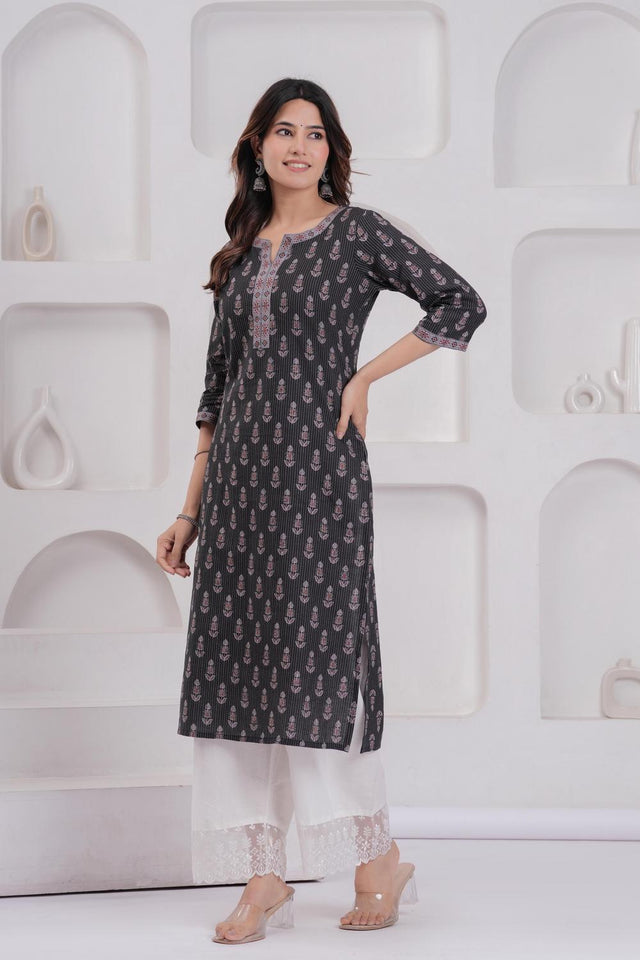 Black Floral Printed Cotton Kurti (AM-BER3824)