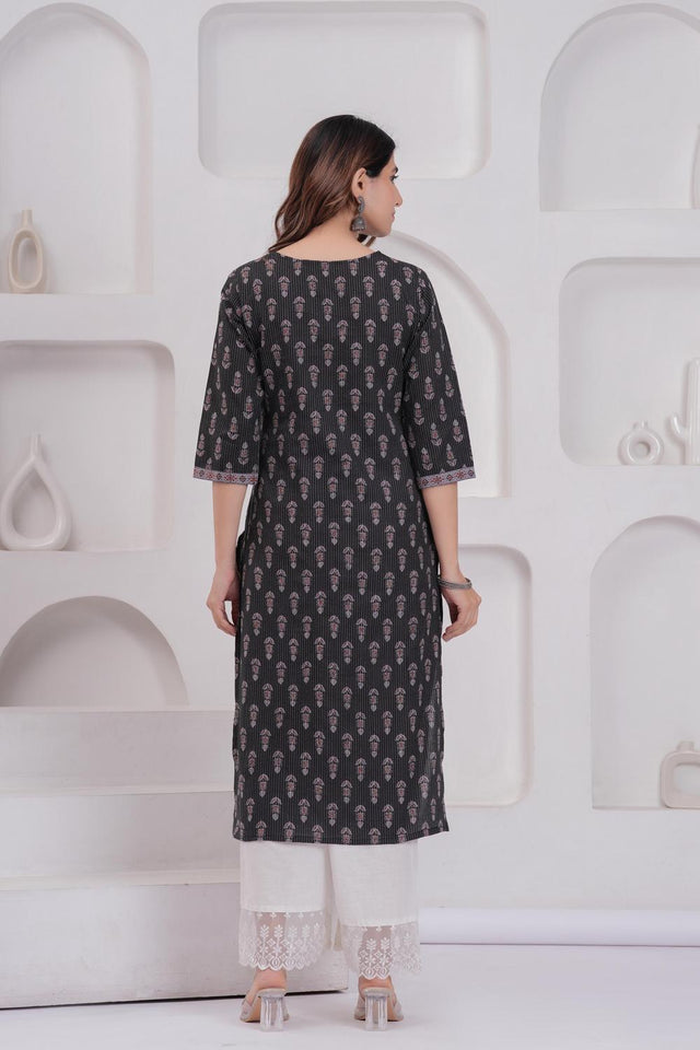 Black Floral Printed Cotton Kurti (AM-BER3824)