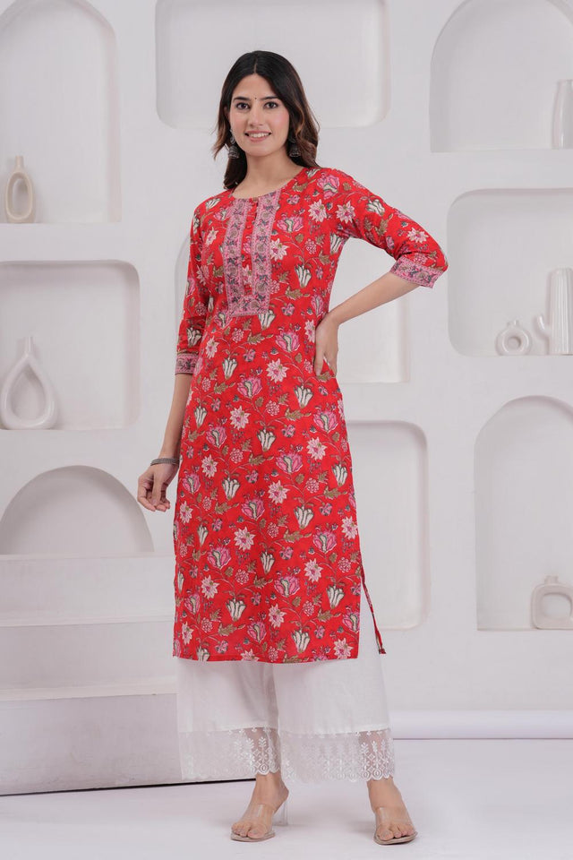 Red Floral Printed Cotton Kurti (AM-BER3826)
