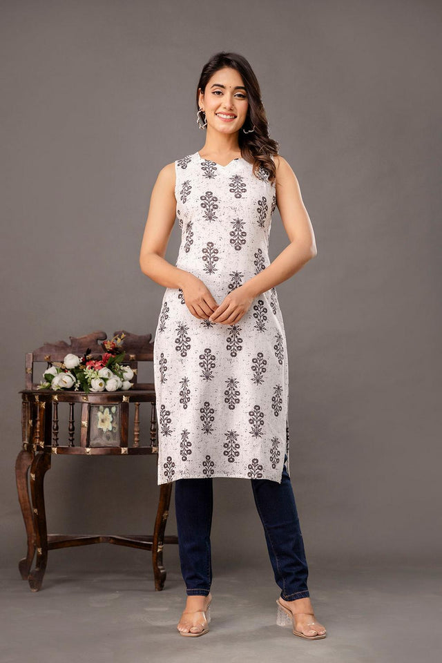 White Floral Printed Cotton Kurti (AM-BER3831)