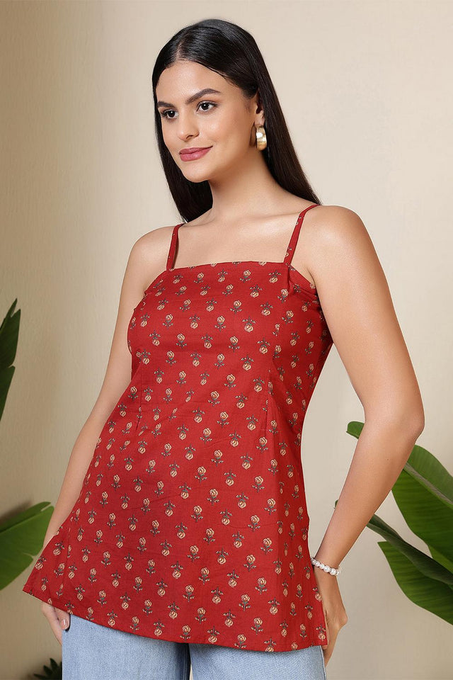 Maroon Floral Printed Cotton Tunic (AM-BER3849)