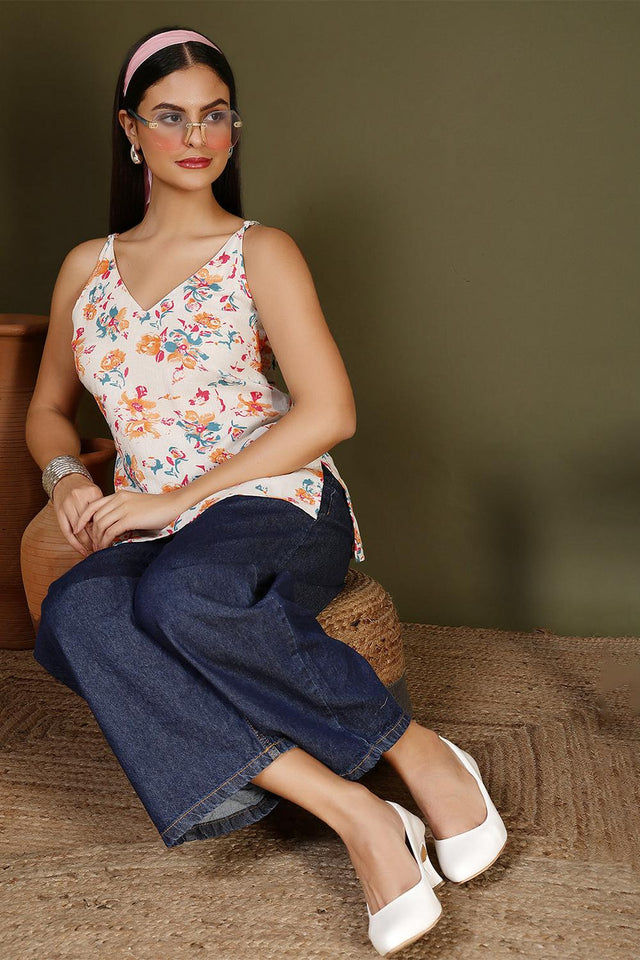 Off White Floral Printed Cotton Tunic (AM-BER3854)