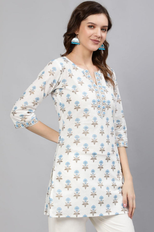 Off White Printed Cotton Tunic (AM-HKS0288)