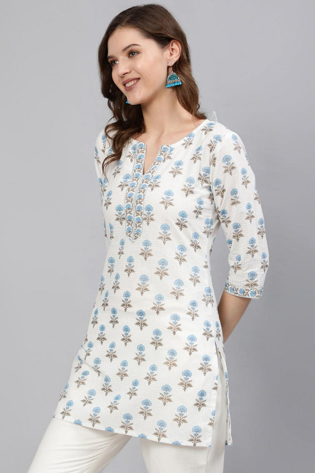 Off White Printed Cotton Tunic (AM-HKS0288)
