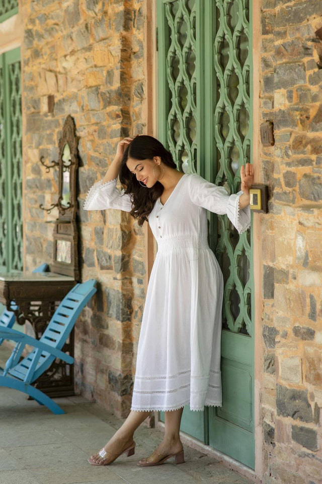 White Solid Cotton Dress (AM-HKS0677)