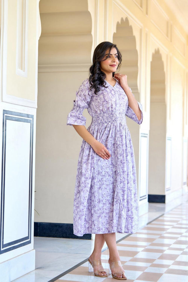 Violet Printed Cotton Dress (AM-HKS0695)