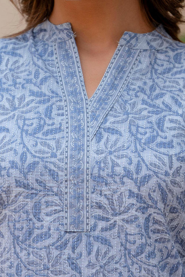 Blue Floral Printed Cotton Tunic (AM-HKS0744)