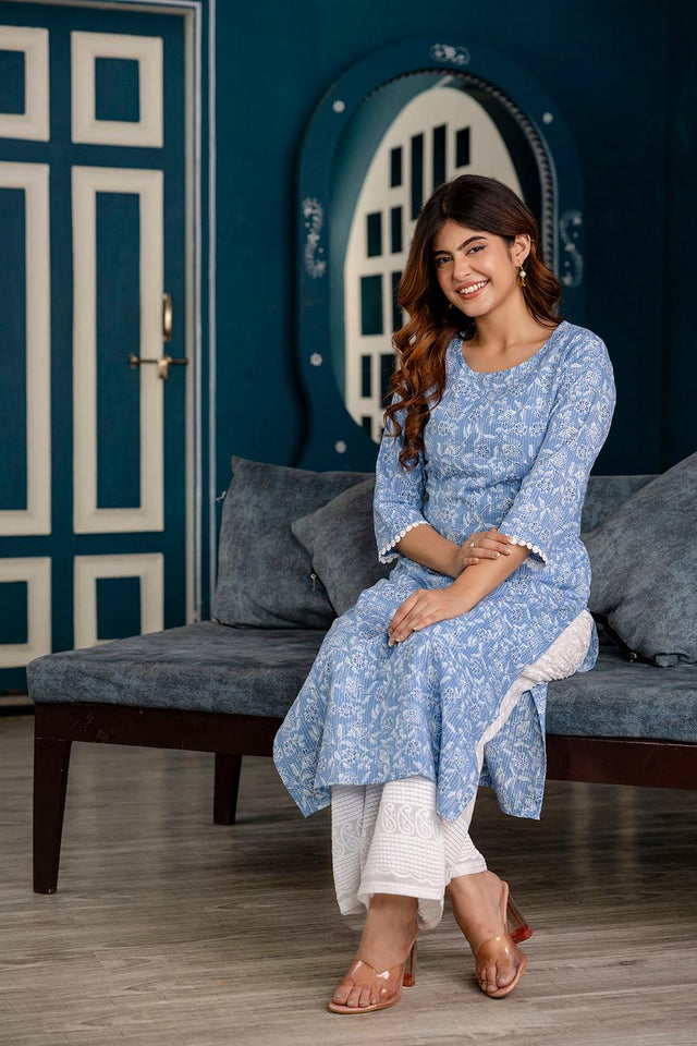 Blue Printed Cotton Kurti (AM-HKS0759)