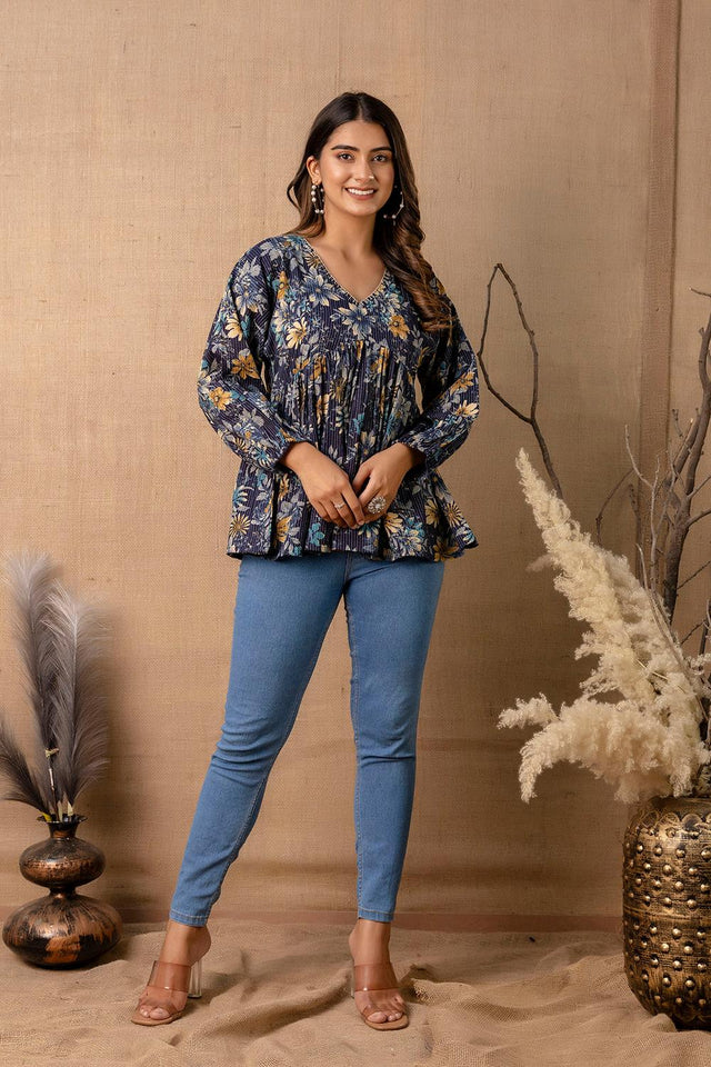 Navy Blue Printed Cotton Tunic (AM-HKS0770)