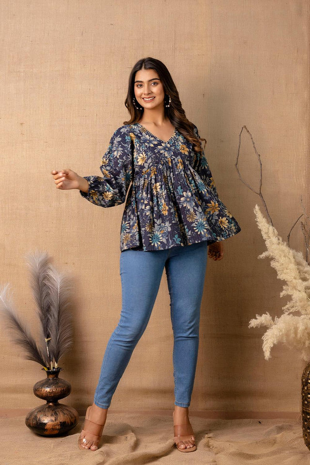 Navy Blue Printed Cotton Tunic (AM-HKS0770)
