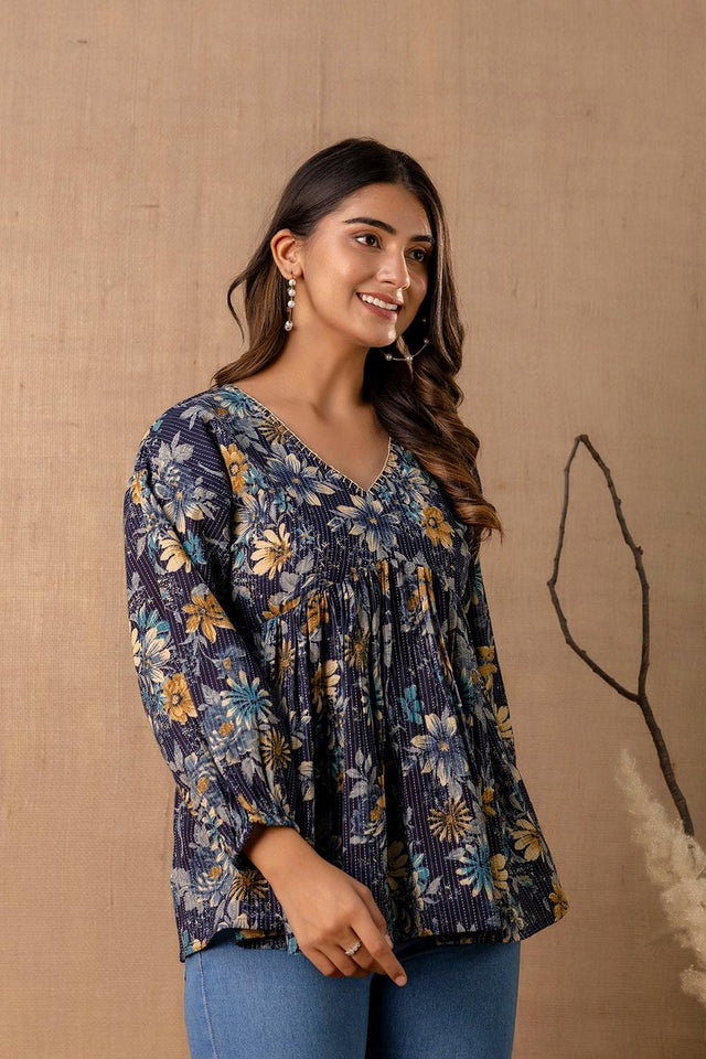 Navy Blue Printed Cotton Tunic (AM-HKS0770)
