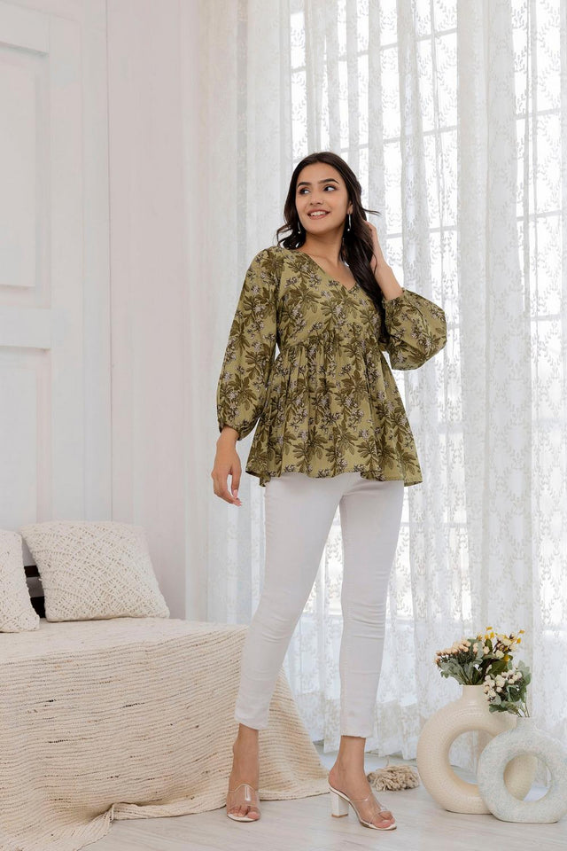 Green Printed Cotton Top (AM-HKS0776)