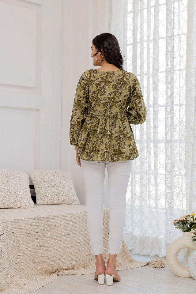 Green Printed Cotton Top (AM-HKS0776)