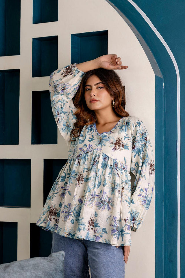 Off White Printed Cotton Tunic (AM-HKS0777)