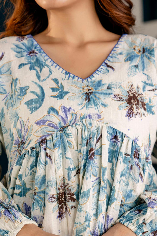 Off White Printed Cotton Tunic (AM-HKS0777)