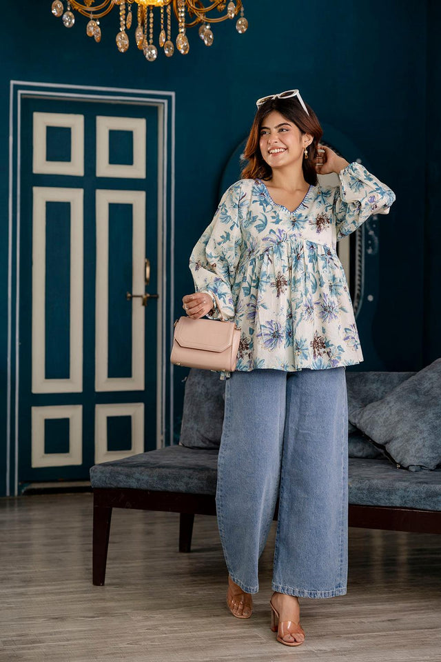 Off White Printed Cotton Tunic (AM-HKS0777)