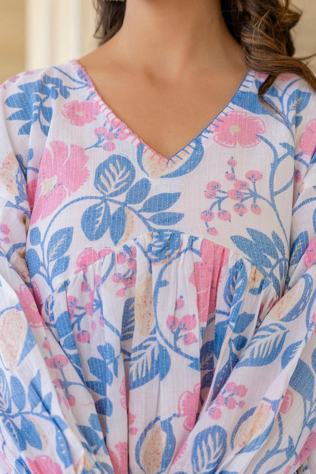 White Printed Cotton Top (AM-HKS0778)
