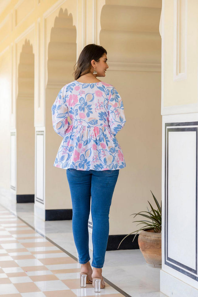 White Printed Cotton Top (AM-HKS0778)