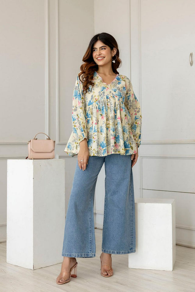 Off White Printed Cotton Tunic (AM-HKS0779)