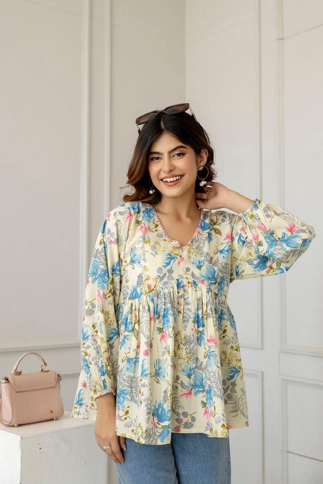 Off White Printed Cotton Tunic (AM-HKS0779)