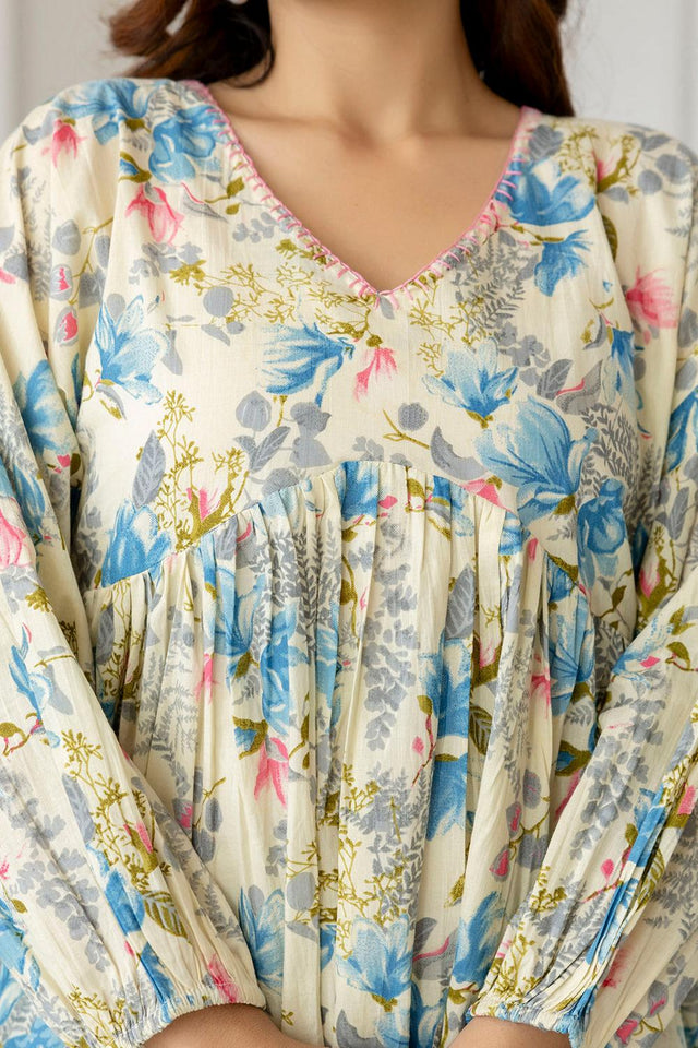 Off White Printed Cotton Tunic (AM-HKS0779)