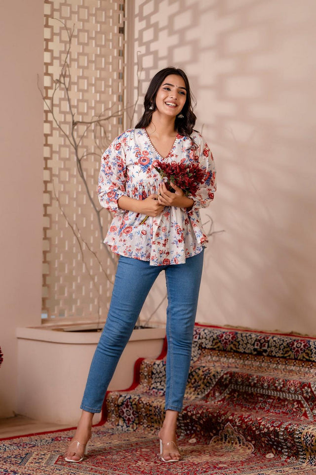 White Printed Cotton Top (AM-HKS0780)