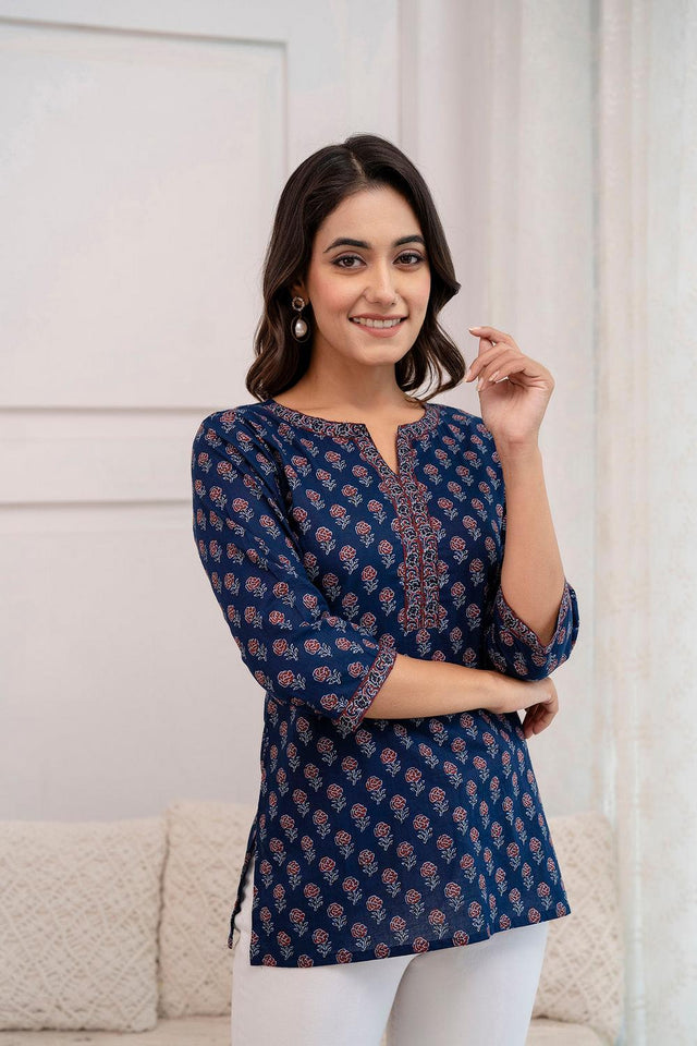 Blue Printed Cotton Tunic (AM-HKS0856)