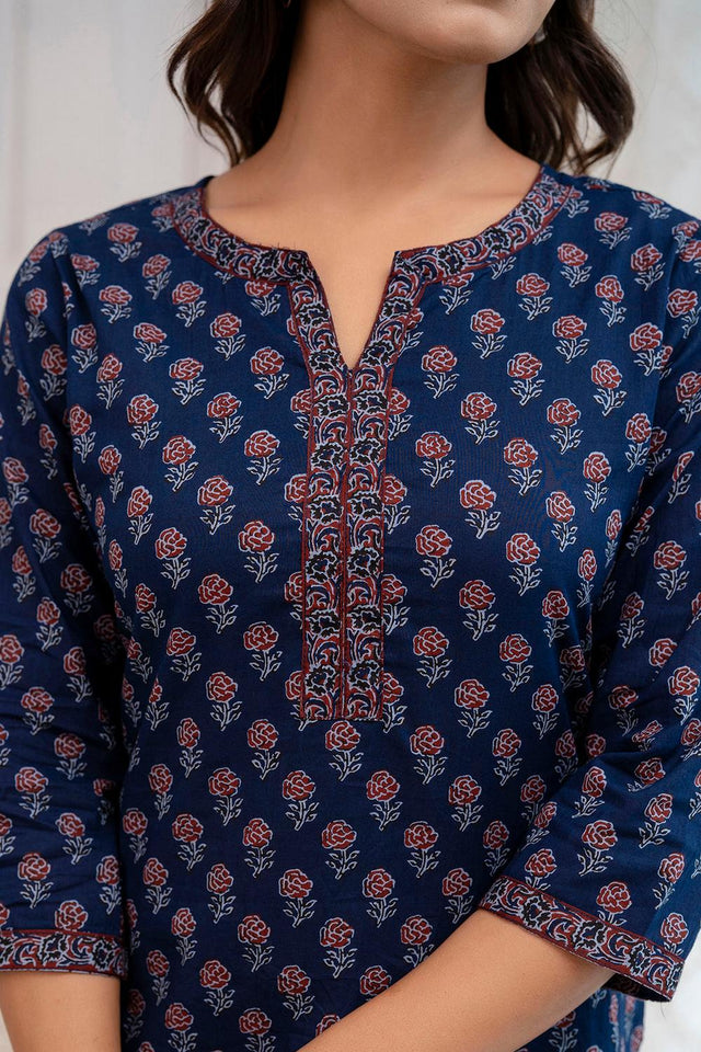 Blue Printed Cotton Tunic (AM-HKS0856)