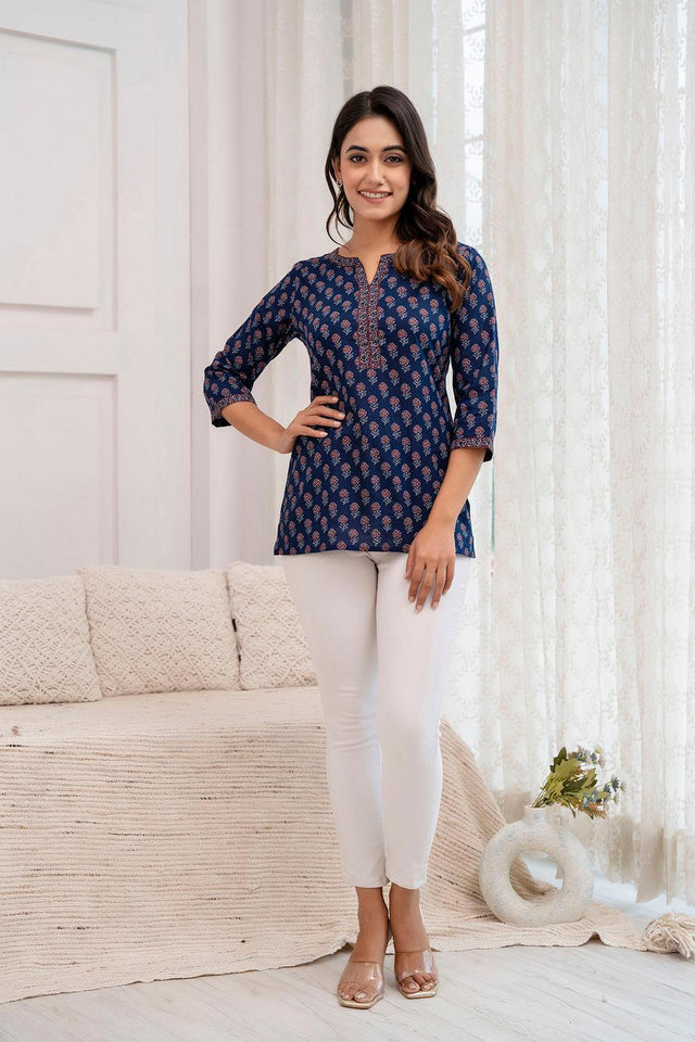 Blue Printed Cotton Tunic (AM-HKS0856)
