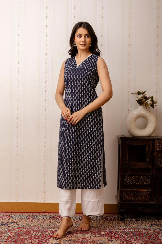 Navy Blue Printed Cotton Kurti (AM-HKS0959)