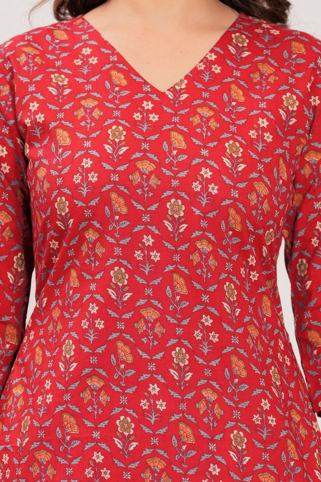 Red Printed Cotton Kurti (AM-HKS0981)