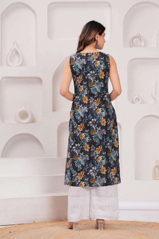 Navy Blue Printed Cotton Kurti (AM-HKS0996)