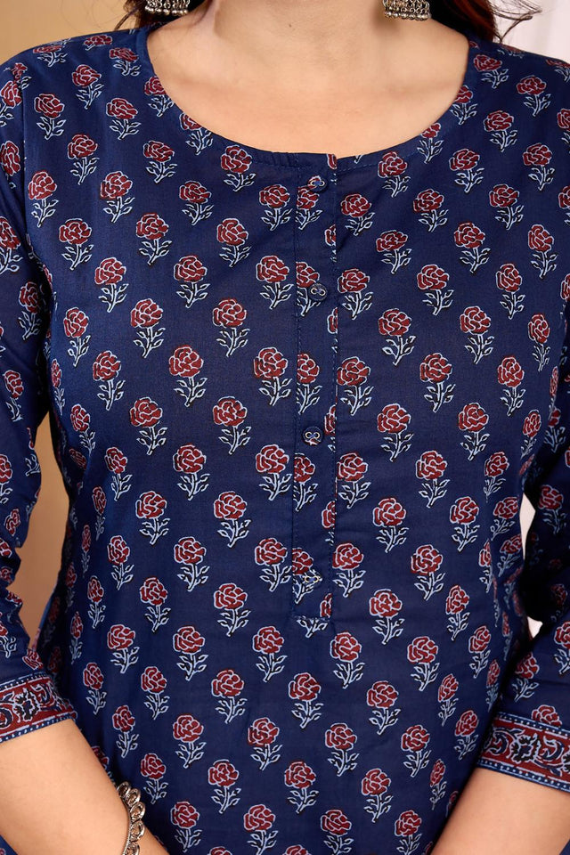 Navy Blue Printed Cotton Kurti (AM-HKS0998)